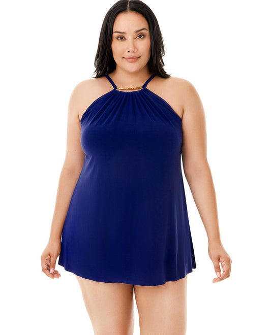 Front View Of Magicsuit Indigo Blue Plus Size Parker Underwire Swimdress | MAG Blue