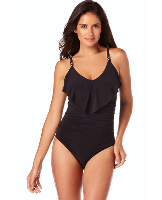 Front View Of Magicsuit Black Isabel Ruffle Underwire One Piece Swimsuit | MAG Black