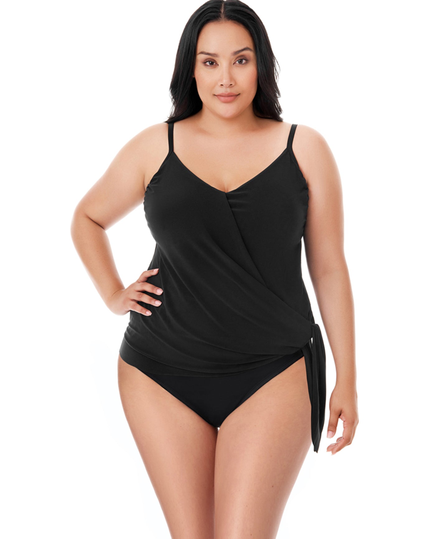 Front View Of Magicsuit Black Plus Size Side Tie V-Neck Alex Underwire Tankini Top | MAG Black