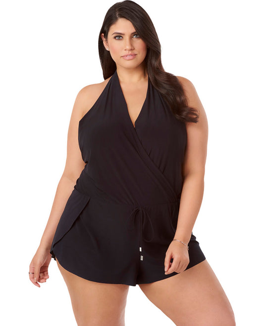 Front View Of Magicsuit Black Plus Size Bianca Swim Romper One Piece Swimsuit | MAG Black
