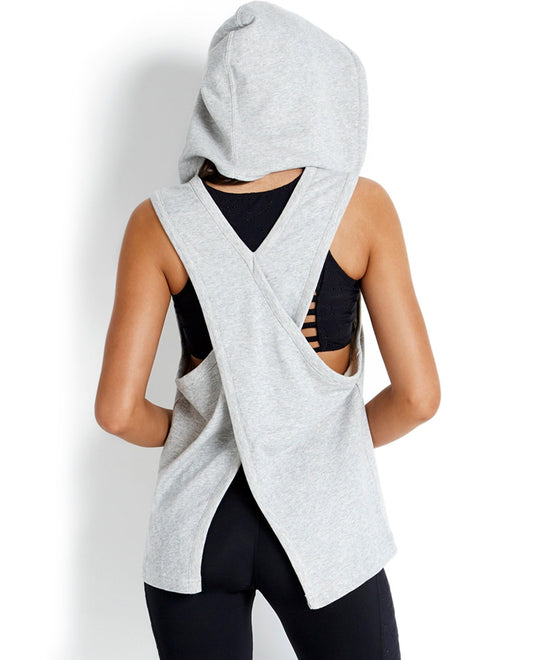 Back View Of Seafolly Solid Grey Active Cross Back Hoodie | SEA GREY