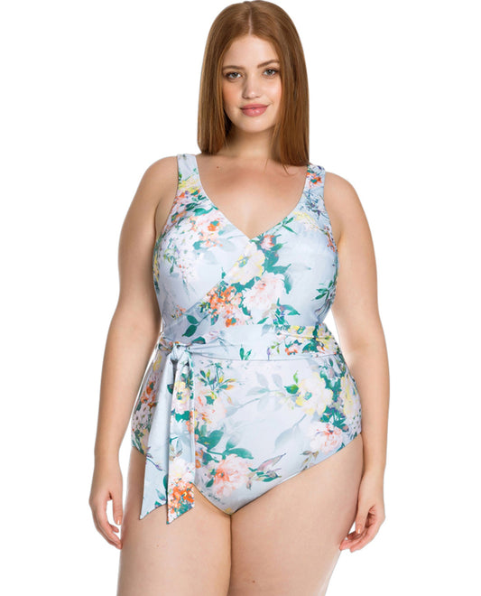 Front View Of Becca ETC by Rebecca Virtue Femme Flora Tie Side Plus Size One Piece Swimsuit | BEC Femme Flora