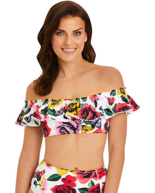 Front View Of Vera Bradley Yes Way Rose Layla Off Shoulder Bandeau Bikini Top | VER YES WAY FLORAL