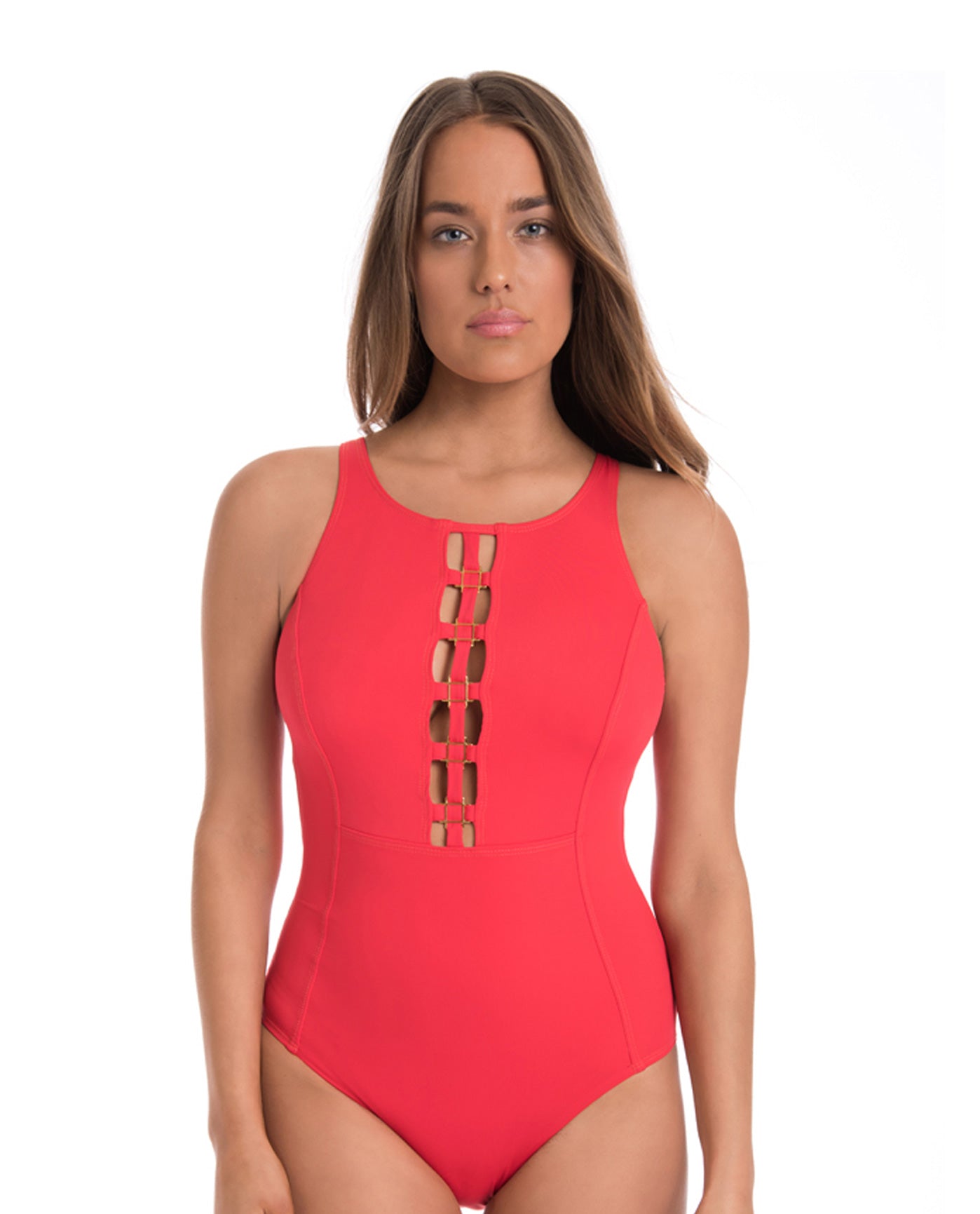 Front View Of Amoressa by Miraclesuit You Only Live Twice Sonder High Neck One Piece Swimsuit | AMO RED