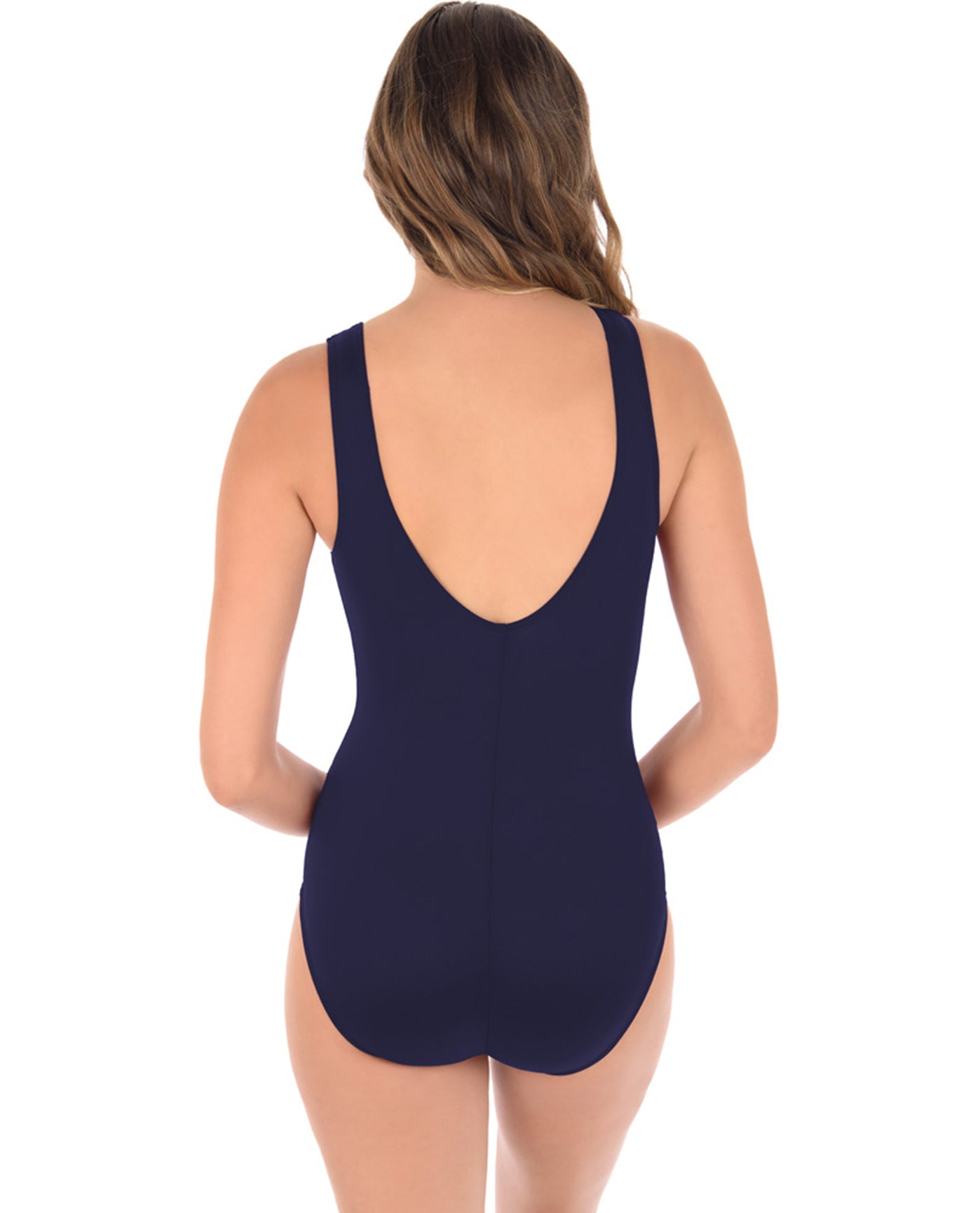 Back View Of Miraclesuit Illusionist Black Palma Mesh High Neck One Piece Swimsuit | MIR Midnight Blue