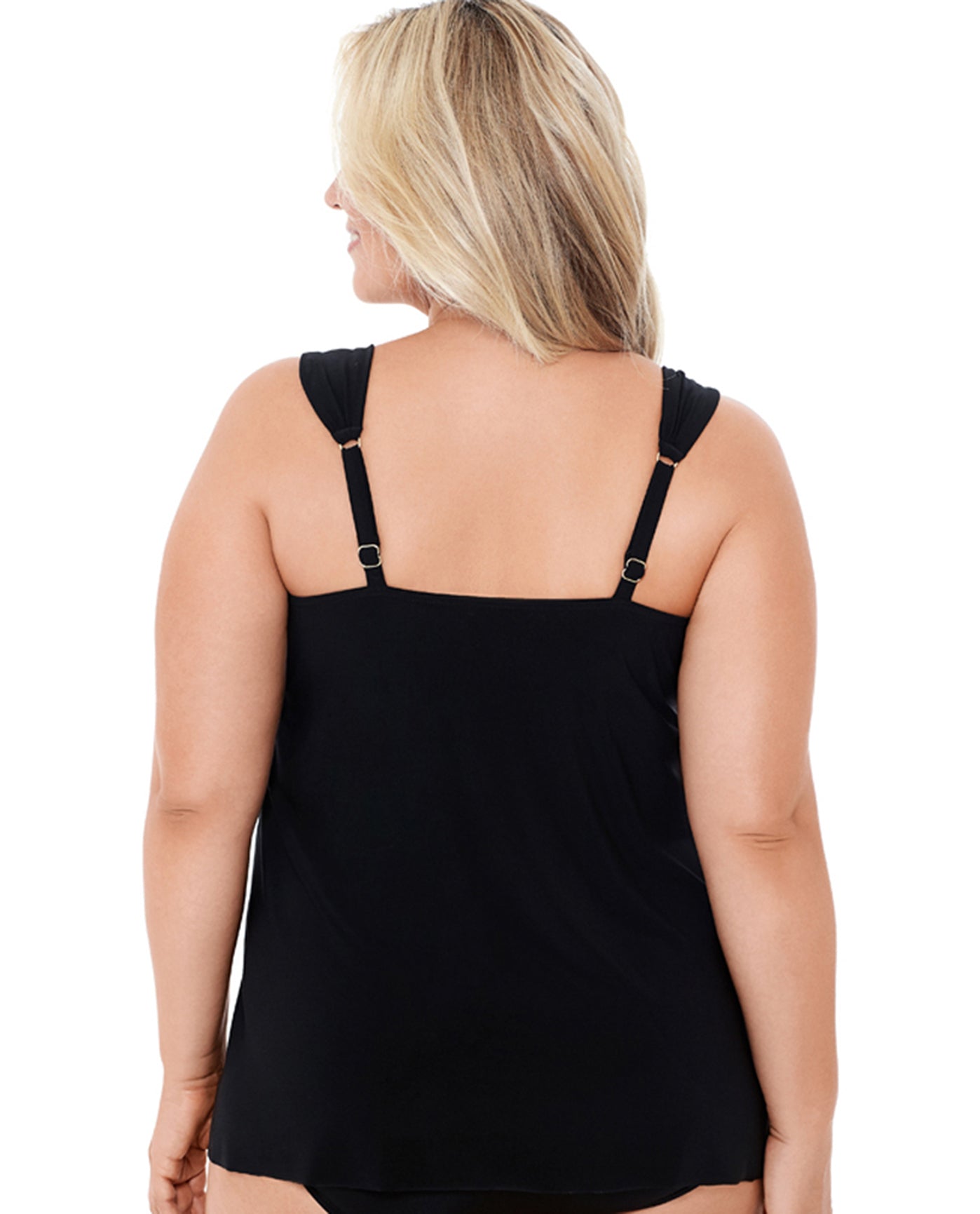 Back View Of Miraclesuit Razzle Dazzle Black Plus Size Dazzle Underwire Tankini Top | MIR Black