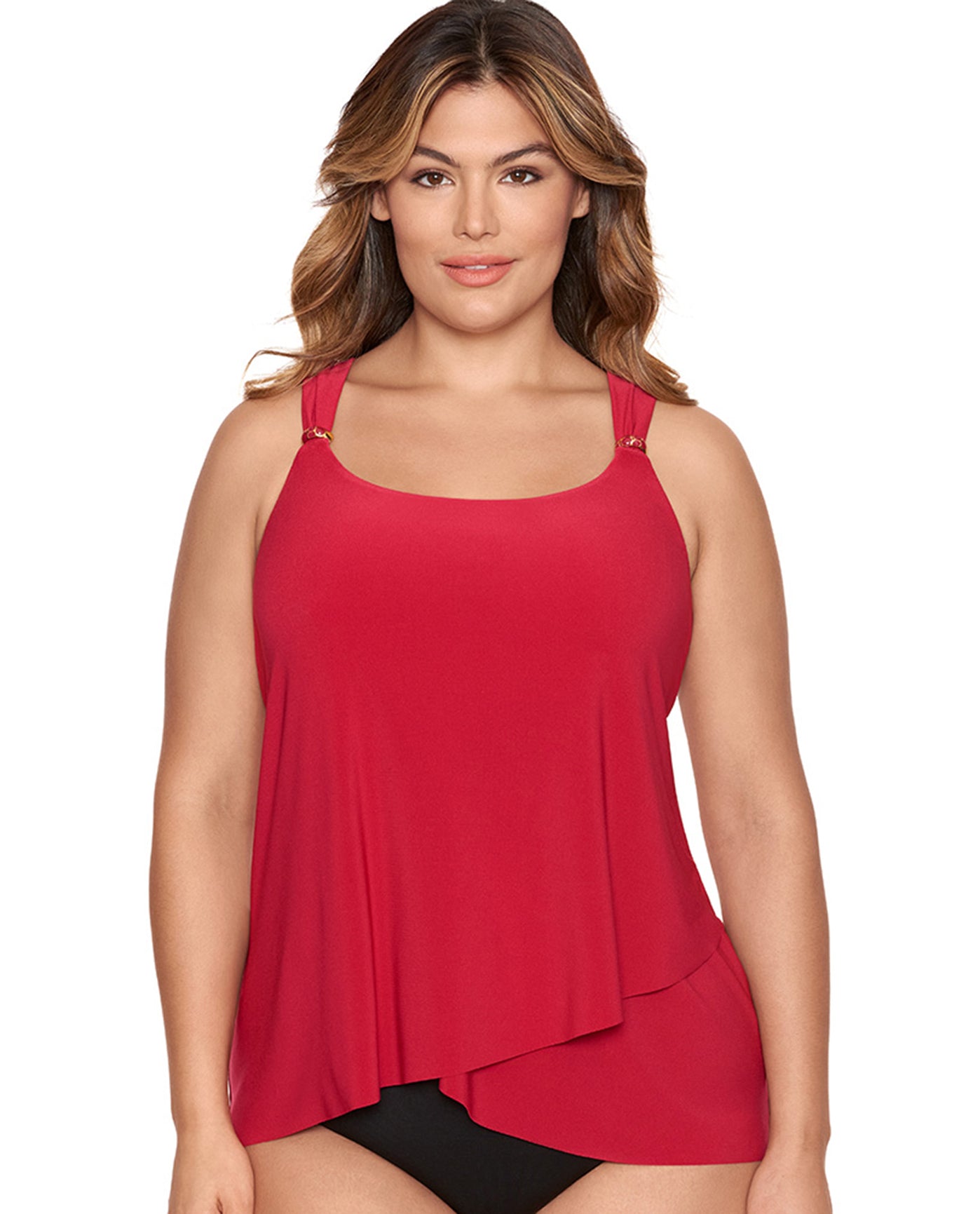 Front View Of Miraclesuit Razzle Dazzle Black Plus Size Dazzle Underwire Tankini Top | MIR Red