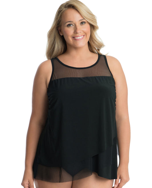 Front View Of Miraclesuit Illusionist Black Plus Size Mirage Underwire Tankini Top | MIR Black