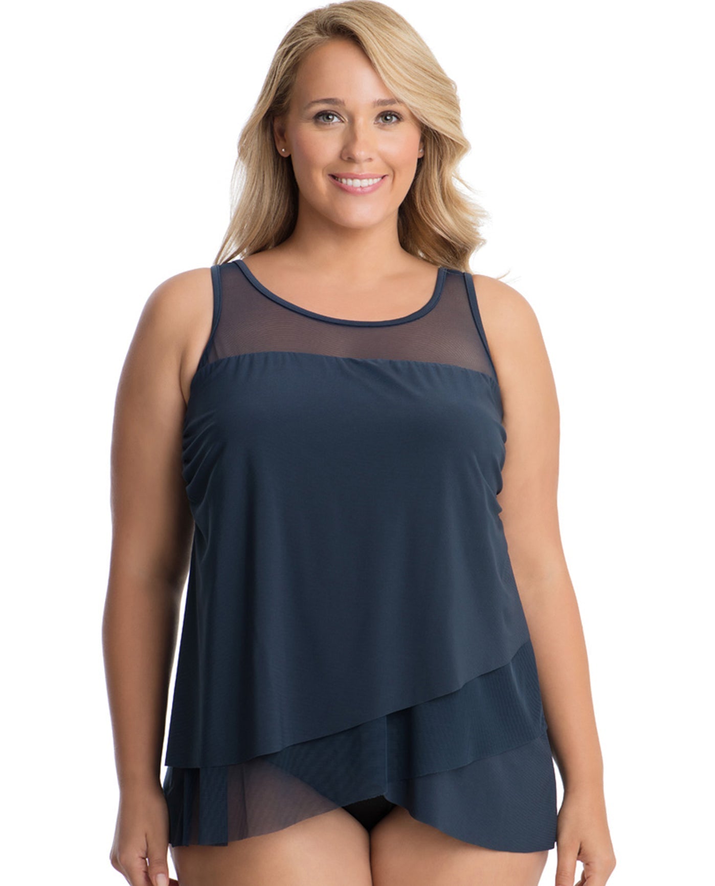 Front View Of Miraclesuit Illusionist Black Plus Size Mirage Underwire Tankini Top | MIR Midnight Blue