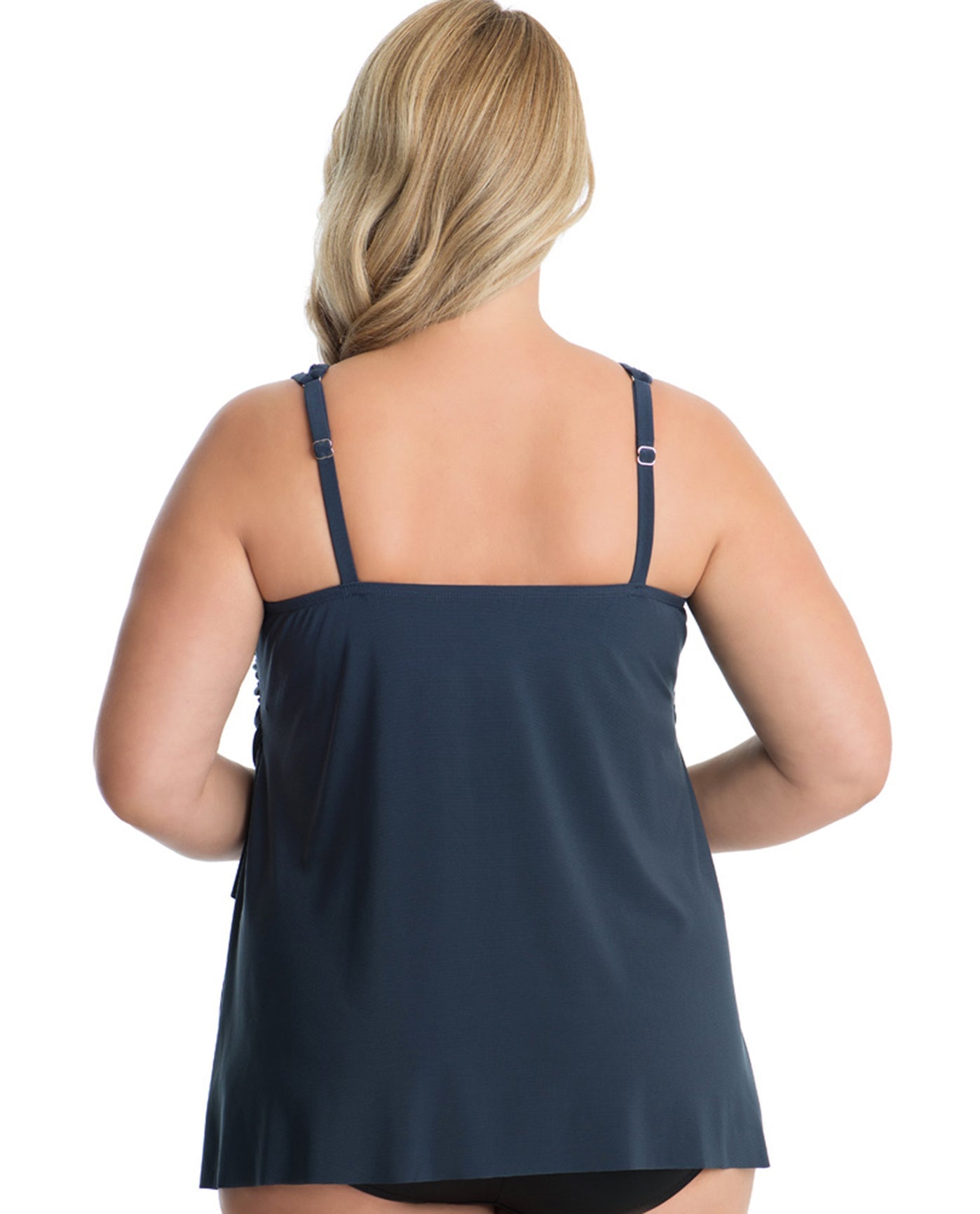 Back View Of Miraclesuit Illusionist Black Plus Size Mirage Underwire Tankini Top | MIR Midnight Blue