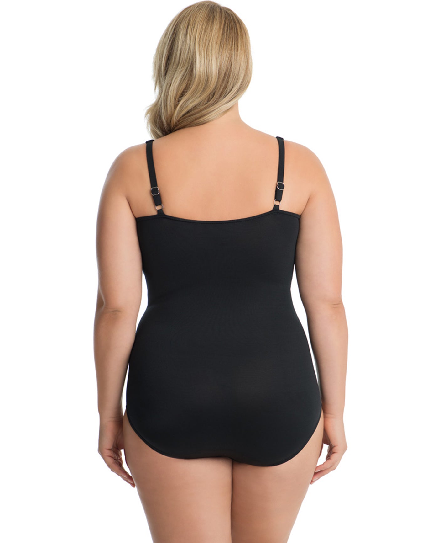 Back View Of Miraclesuit Black Plus Size Sanibel Surplice Underwire One Piece Swimsuit | MIR Black