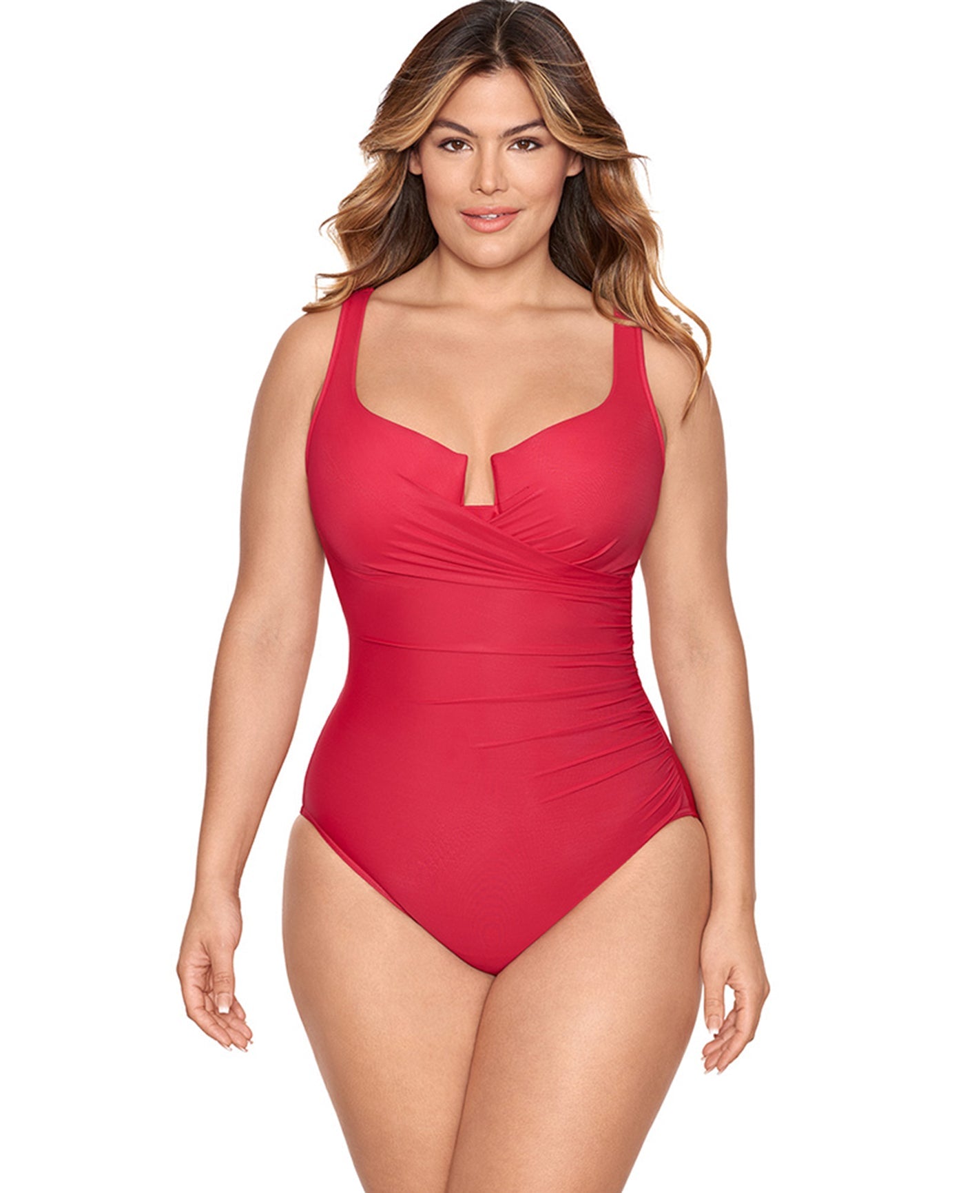 Front View Of Miraclesuit Grenadine Must Have Escape Underwire Plus Size One Piece Swimsuit | MIR RED