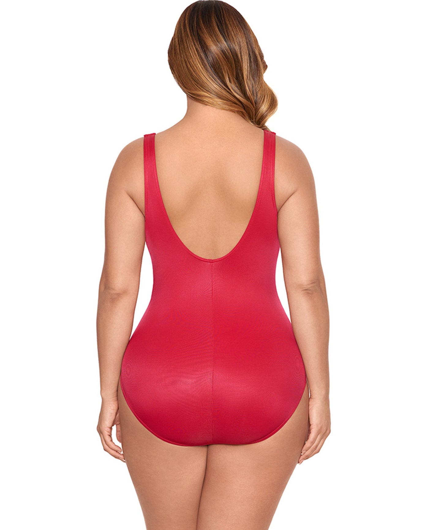 Back View Of Miraclesuit Black Plus Size Escape Underwire One Piece Swimsuit | MIR Red
