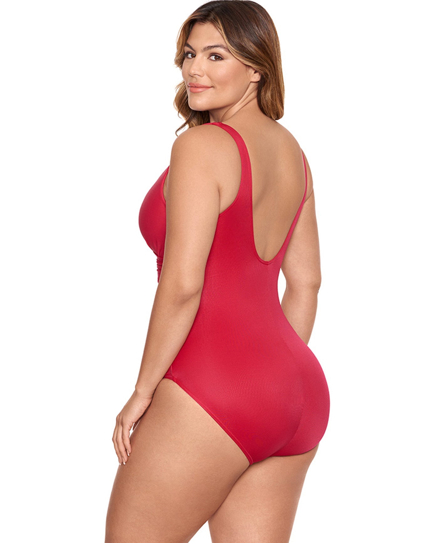 Side View Of Miraclesuit Grenadine Must Have Escape Underwire Plus Size One Piece Swimsuit | MIR RED