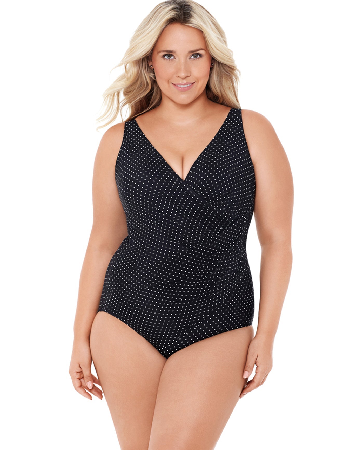 Front View Of Miraclesuit Pin Point Plus Size Oceanus One Piece Swimsuit | MIR Black White