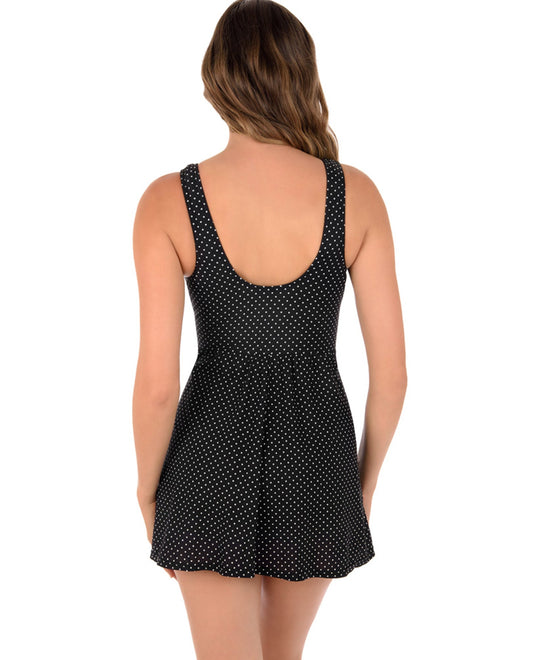 Back View Of Miraclesuit Black and White Pin Point DD-Cup Marais Knot Front Swimdress | MIR Pin Point