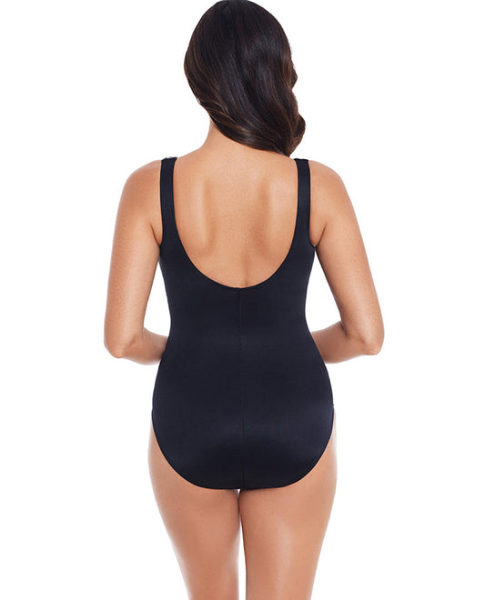 Back View Of Miraclesuit Dali Leopard It's A Wrap Underwire One Piece Swimsuit | MIR Black