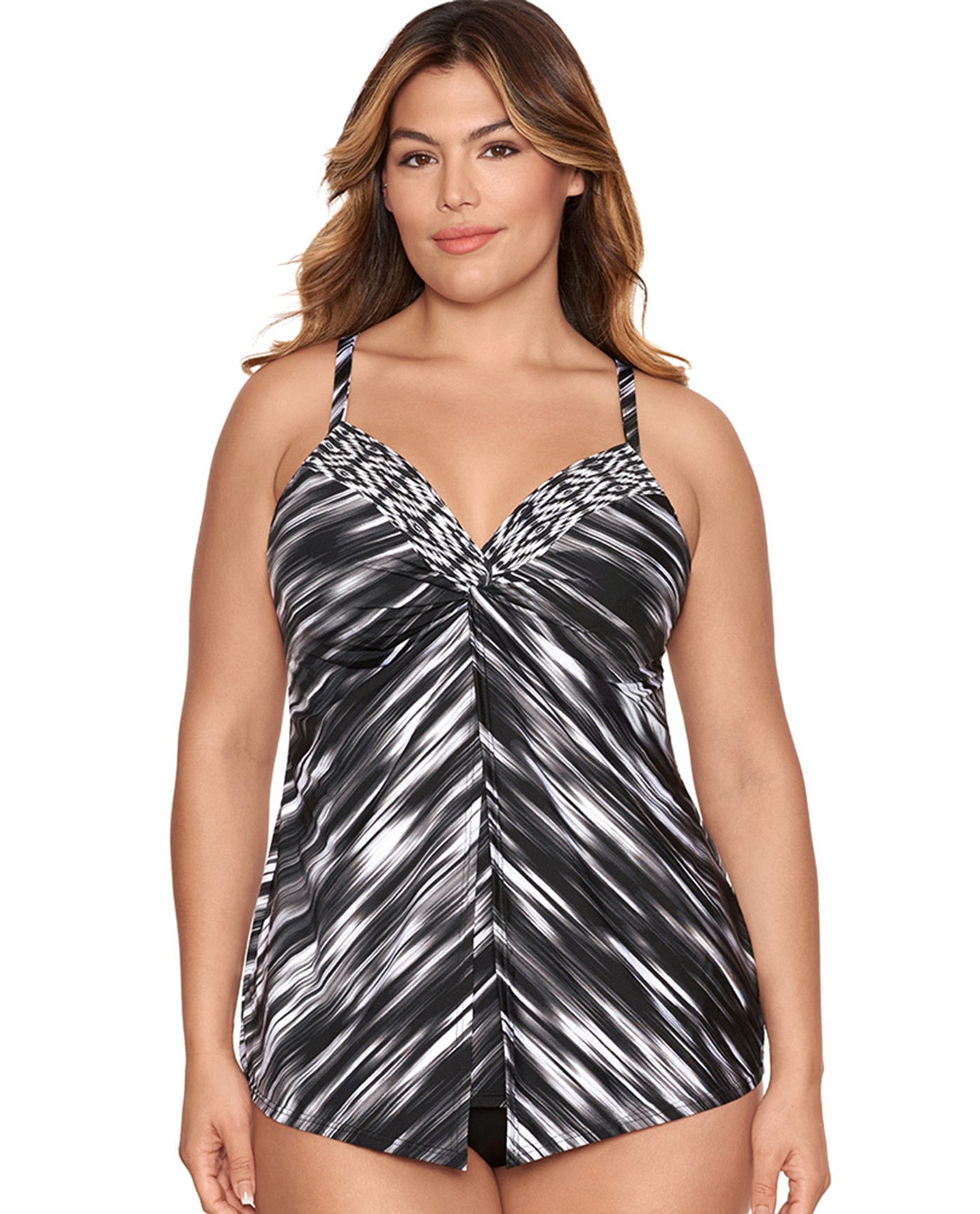 Front View Of Miraclesuit Warp Speed Love Knot Underwire Plus Size Tankini Top | MIR Black White