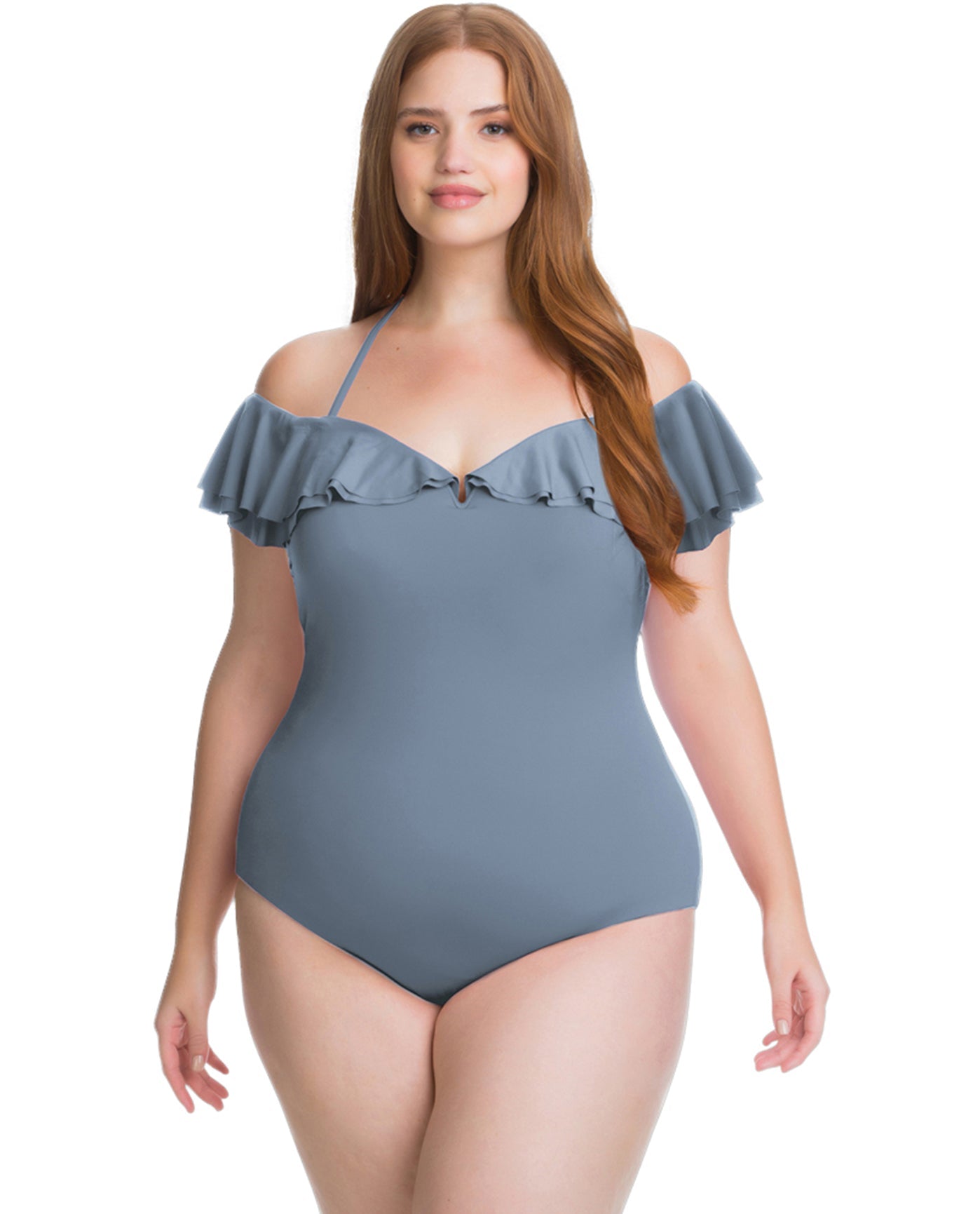 Front View Of Becca ETC by Rebecca Virtue Color Splash Flounce Off the Shoulder Ruffle Plus Size One Piece Swimsuit | BEC Color Splash Steel