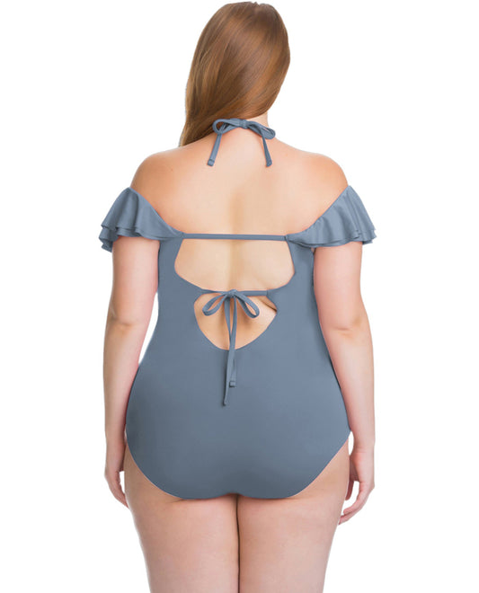 Back View Of Becca ETC by Rebecca Virtue Color Splash Flounce Off the Shoulder Ruffle Plus Size One Piece Swimsuit | BEC Color Splash Steel