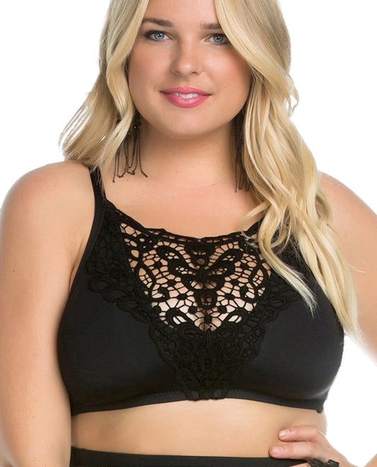 Front View Of Becca ETC by Rebecca Virtue Plus Size Black Beauties Lace High Neck Bikini Top | BEC Black