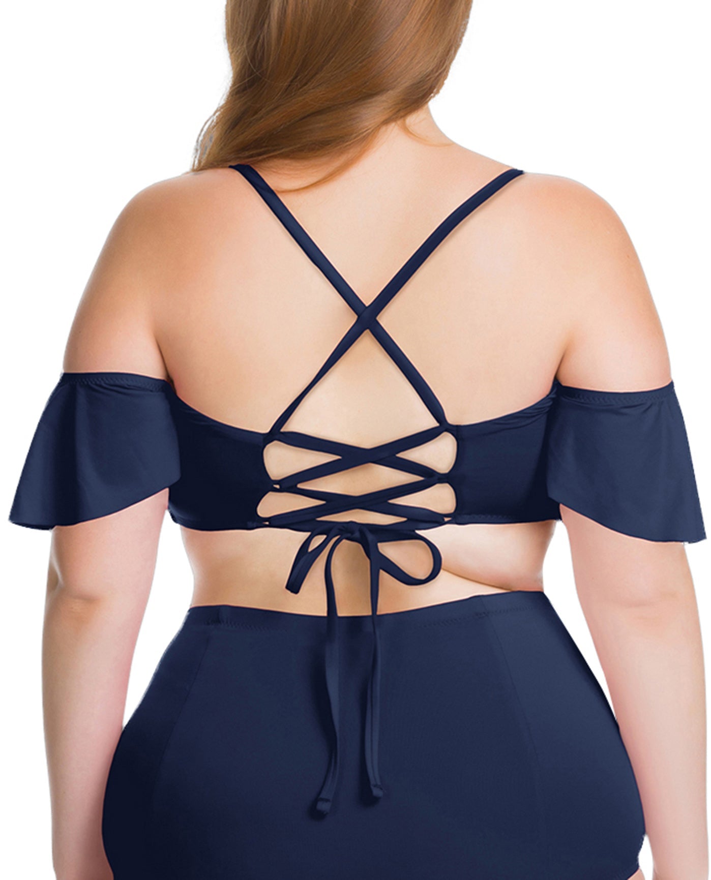 Back View Of Becca ETC by Rebecca Virtue Indigo Color Splash Flounce Off the Shoulder Ruffle Plus Size Bikini Top | BEC Color Splash Indigo