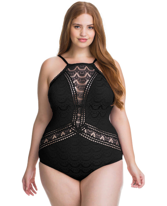 Front View Of Becca ETC by Rebecca Virtue Color Play Lace High Neck Plus Size One Piece Swimsuit | BEC Color Play Black