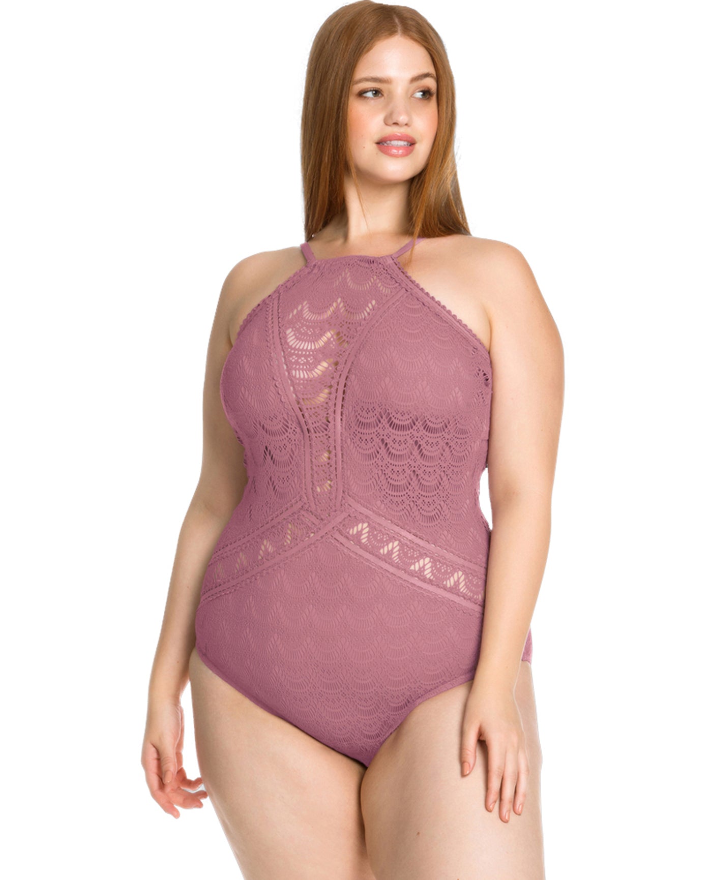 Front View Of Becca ETC by Rebecca Virtue Color Play Lace High Neck Plus Size One Piece Swimsuit | BEC Color Play Mauve