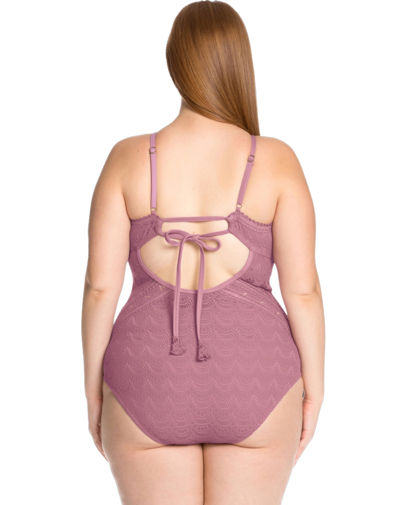 Back View Of Becca ETC by Rebecca Virtue Color Play Lace High Neck Plus Size One Piece Swimsuit | BEC Color Play Mauve