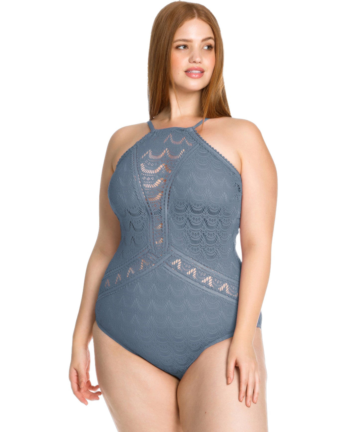 Front View Of Becca ETC by Rebecca Virtue Color Play Lace High Neck Plus Size One Piece Swimsuit | BEC Color Play Steel