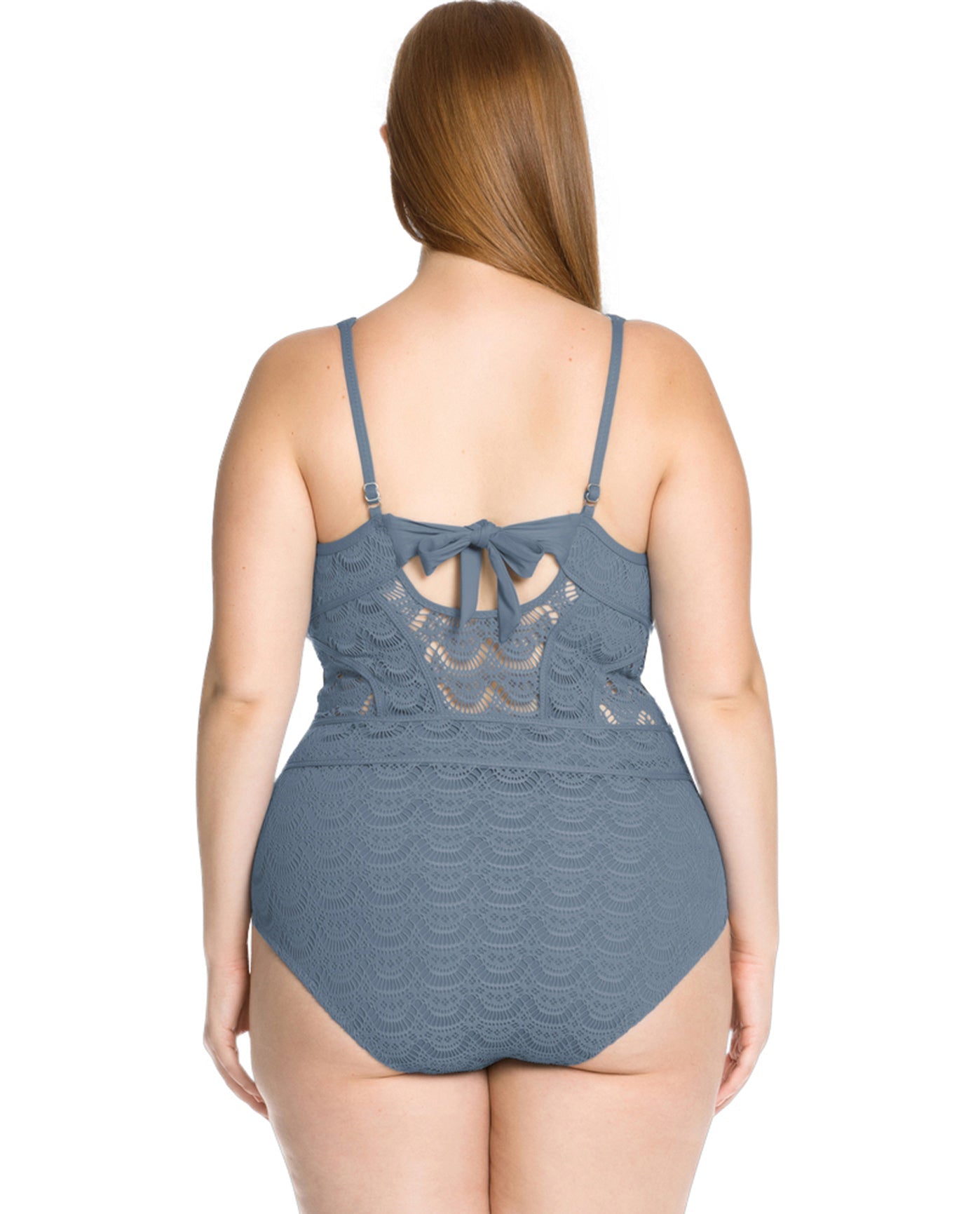 Back View Of Becca ETC by Rebecca Virtue Color Play Lace High Neck Plus Size One Piece Swimsuit | BEC Color Play Steel