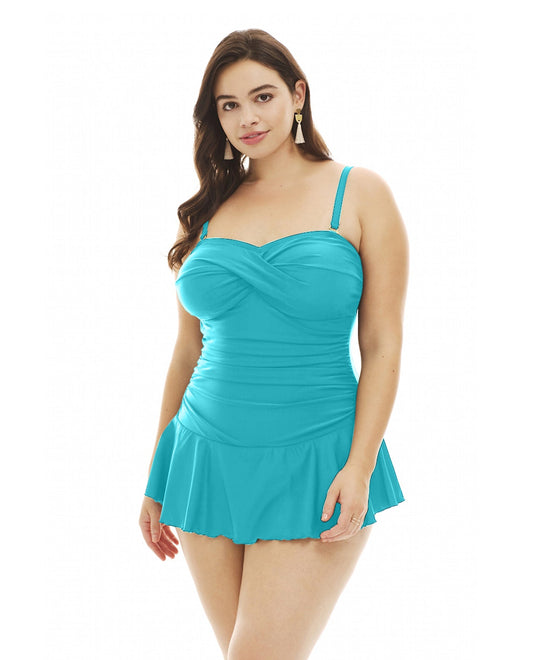 Front View Of Always For Me Peacock Plus Size Twist Front Bandeau Strapless Shirred Swimdress | AFM PEACOCK