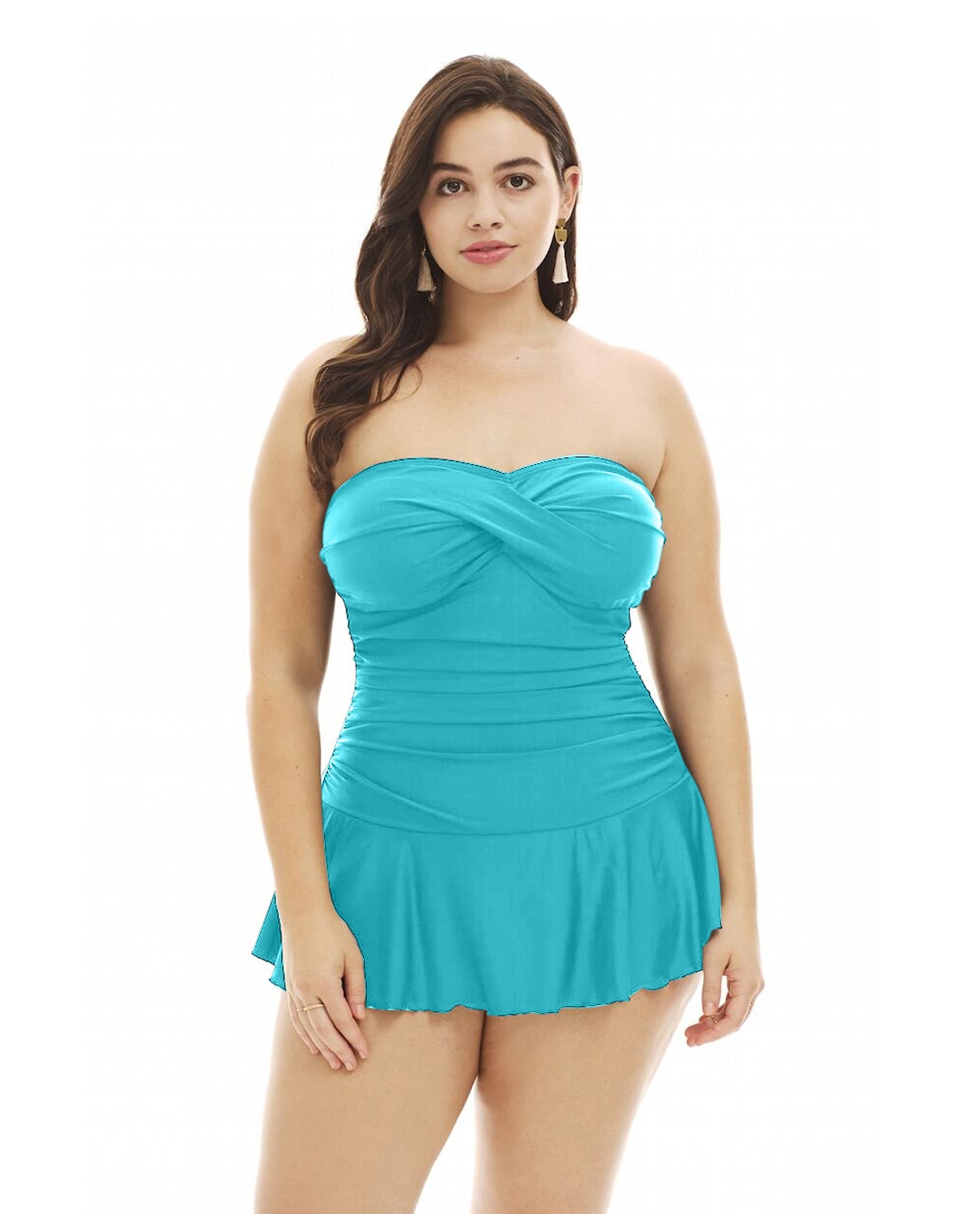 Alt View Of Always For Me Peacock Plus Size Twist Front Bandeau Strapless Shirred Swimdress | AFM PEACOCK