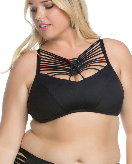 Front View Of Becca ETC by Rebecca Virtue Electric Current Plus Size Macrame High Neck Halter Bikini Top | BEC Electric Current Black