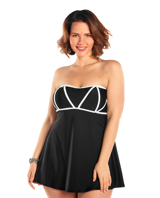 Front View Of Always For Me Black and White Plus Size Demeter Swimdress | AFM BLACK WHITE