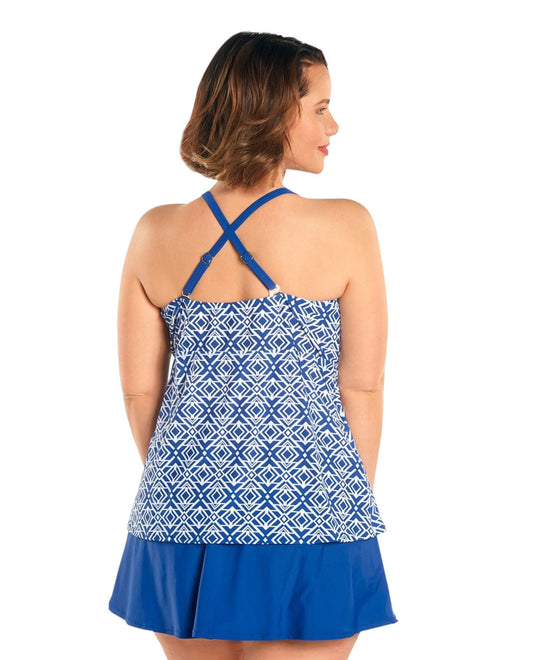 Back View Of Always For Me Blue and White Plus Size Aegean Tankini Top with Matching Swim Skirt | AFM BLUE
