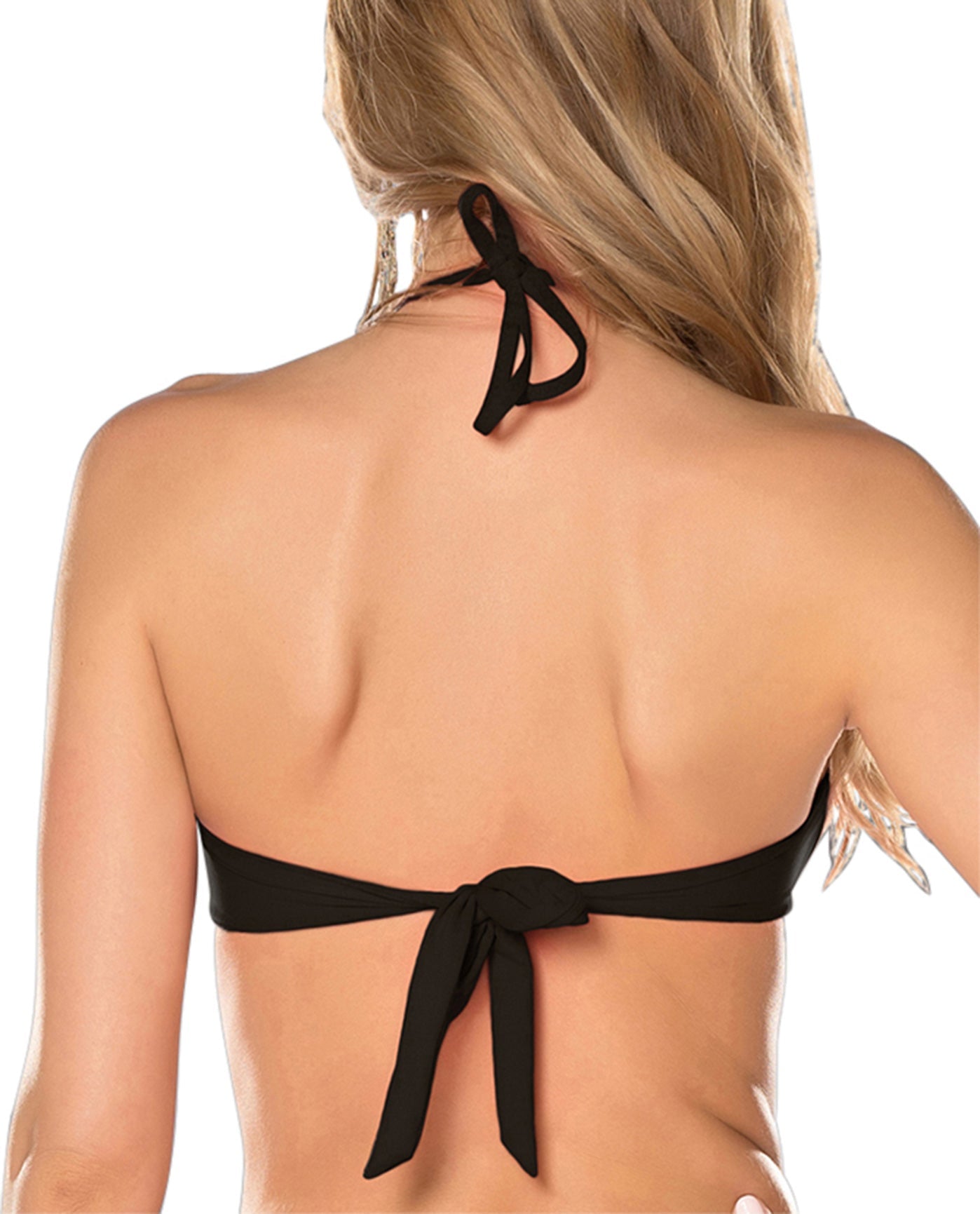 Back View Of Becca by Rebecca Virtue Electric Current Solid Halter Bikini Top | BEC Electric Current Black