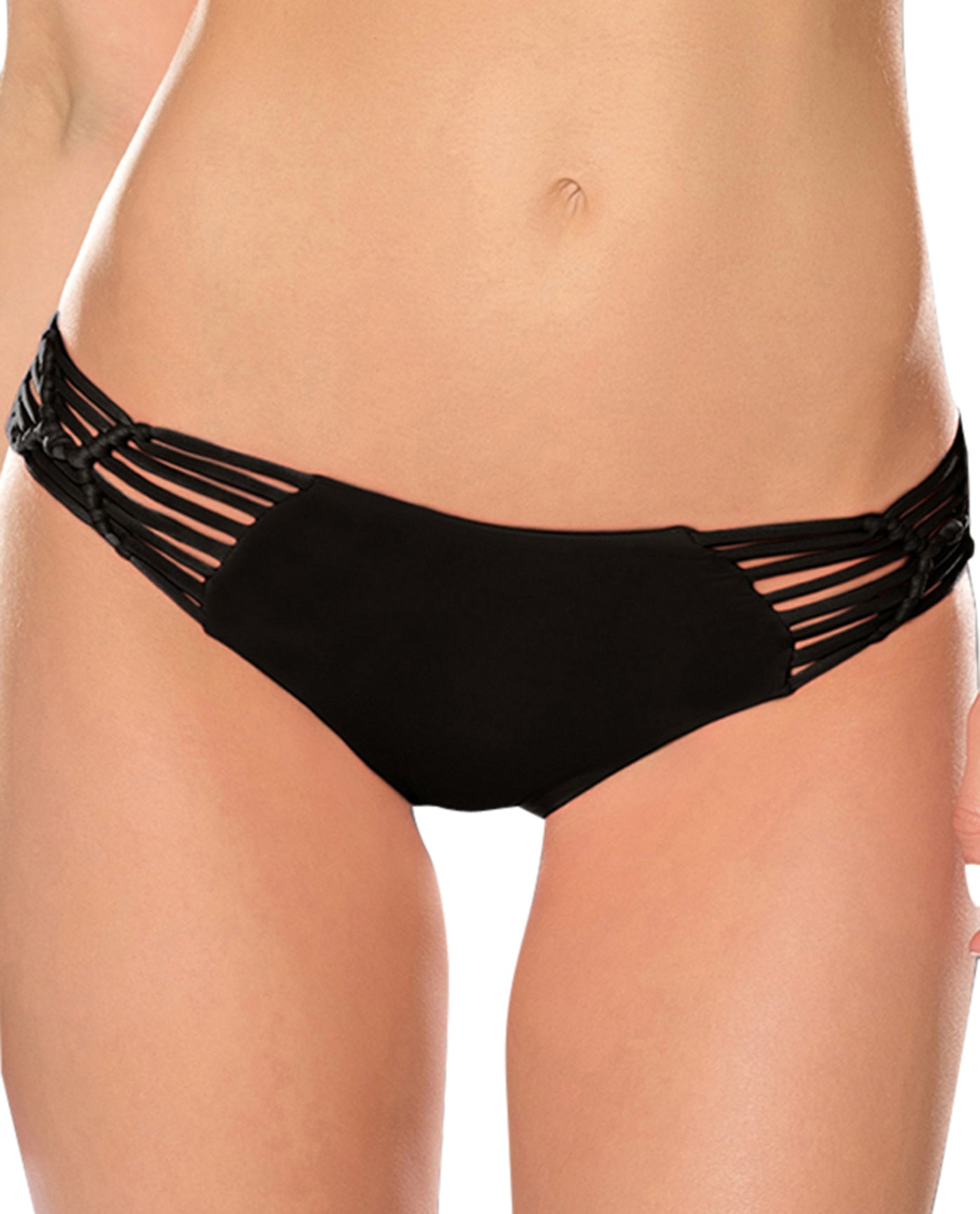 Front View Of Becca by Rebecca Virtue Electric Current Solid Macrame Hipster Bikini Bottom | BEC Electric Current Black