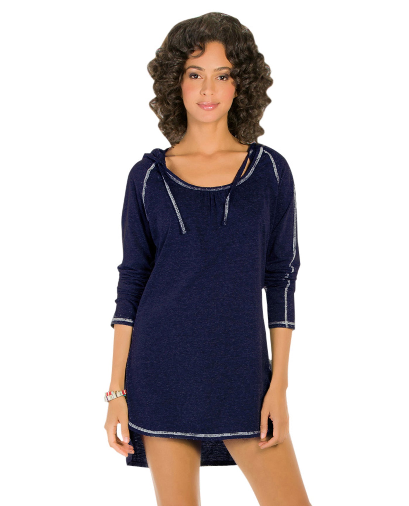 Front View Of Eco Swim Solid Navy Hooded Long Sleeve Tunic | ECO Navy