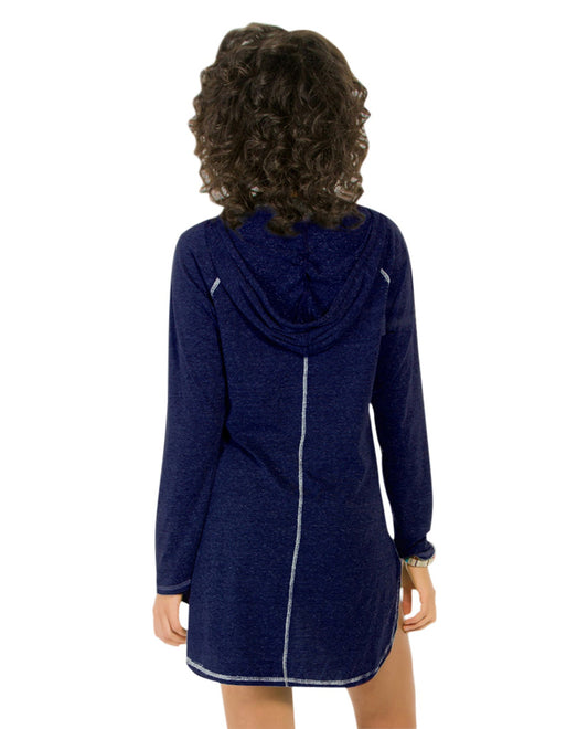 Back View Of Eco Swim Solid Navy Hooded Long Sleeve Tunic | ECO Navy
