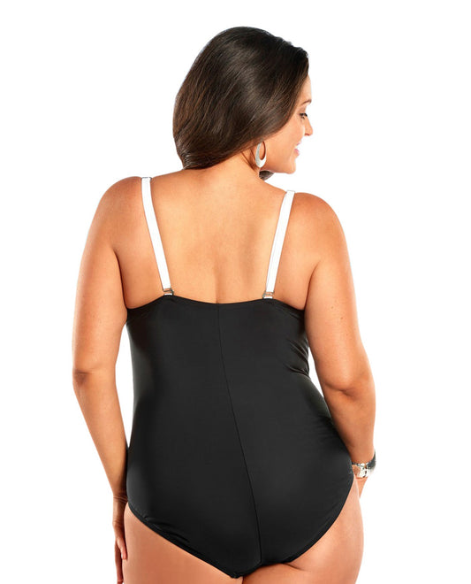 Back View Of Always For Me Black and White Plus Size Mykonos One Piece Swimsuit | AFM BLACK WHITE