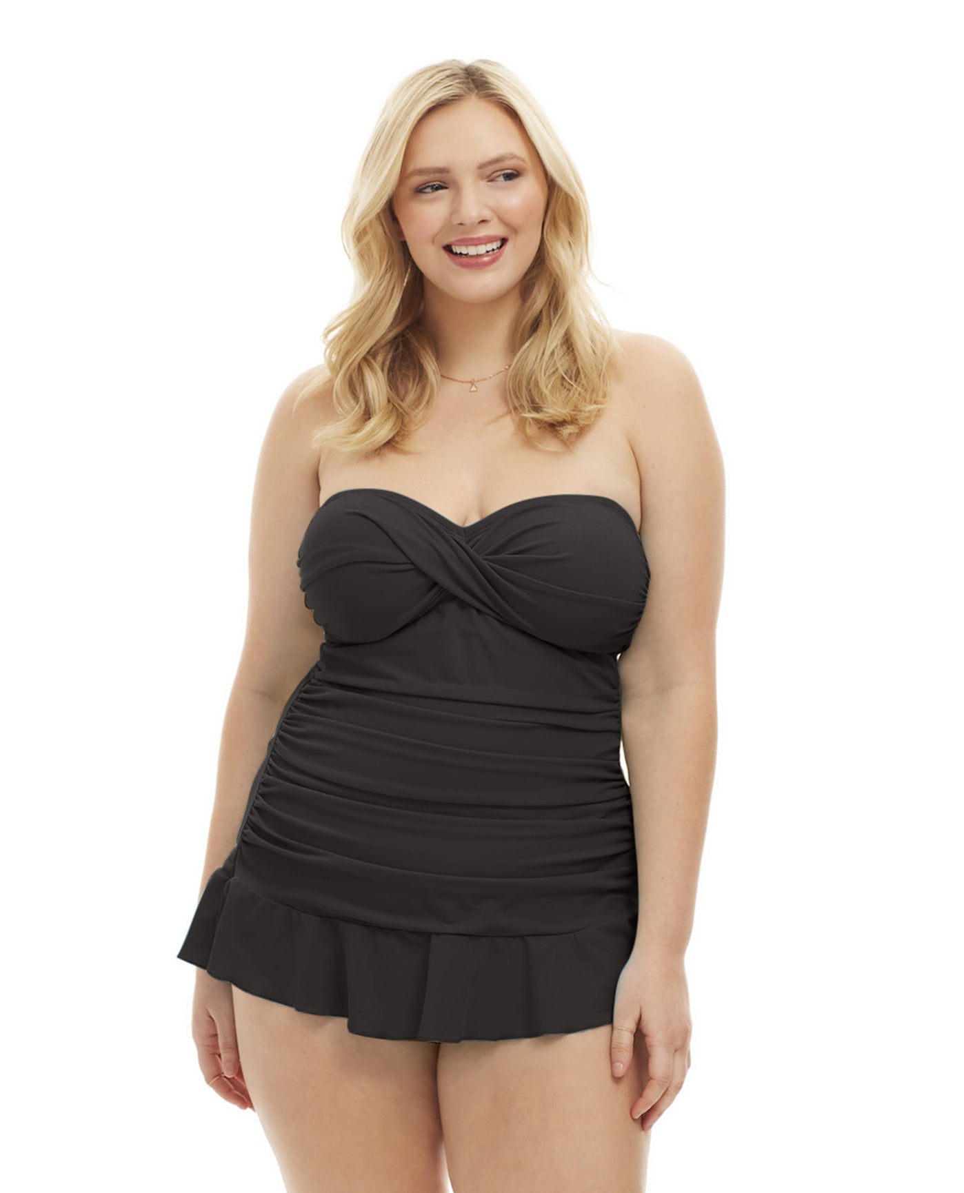 Side View Of Always For Me Plus Size Isabella Twist Front Bandeau Strapless Shirred Tankini Top with Matching Tankini Bottom | AFM BLACK