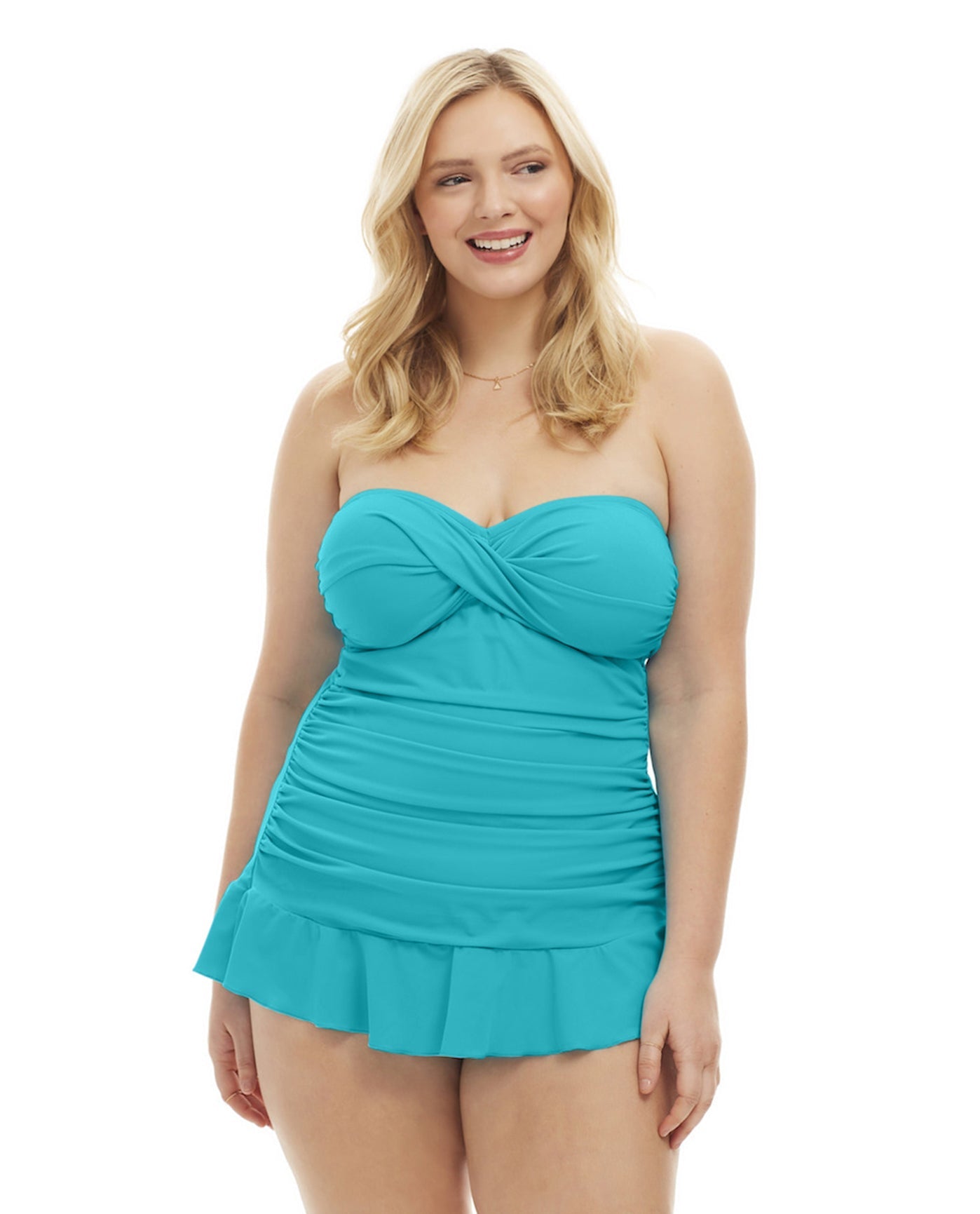 Side View Of Always For Me Plus Size Isabella Twist Front Bandeau Strapless Shirred Tankini Top with Matching Tankini Bottom | AFM PEACOCK