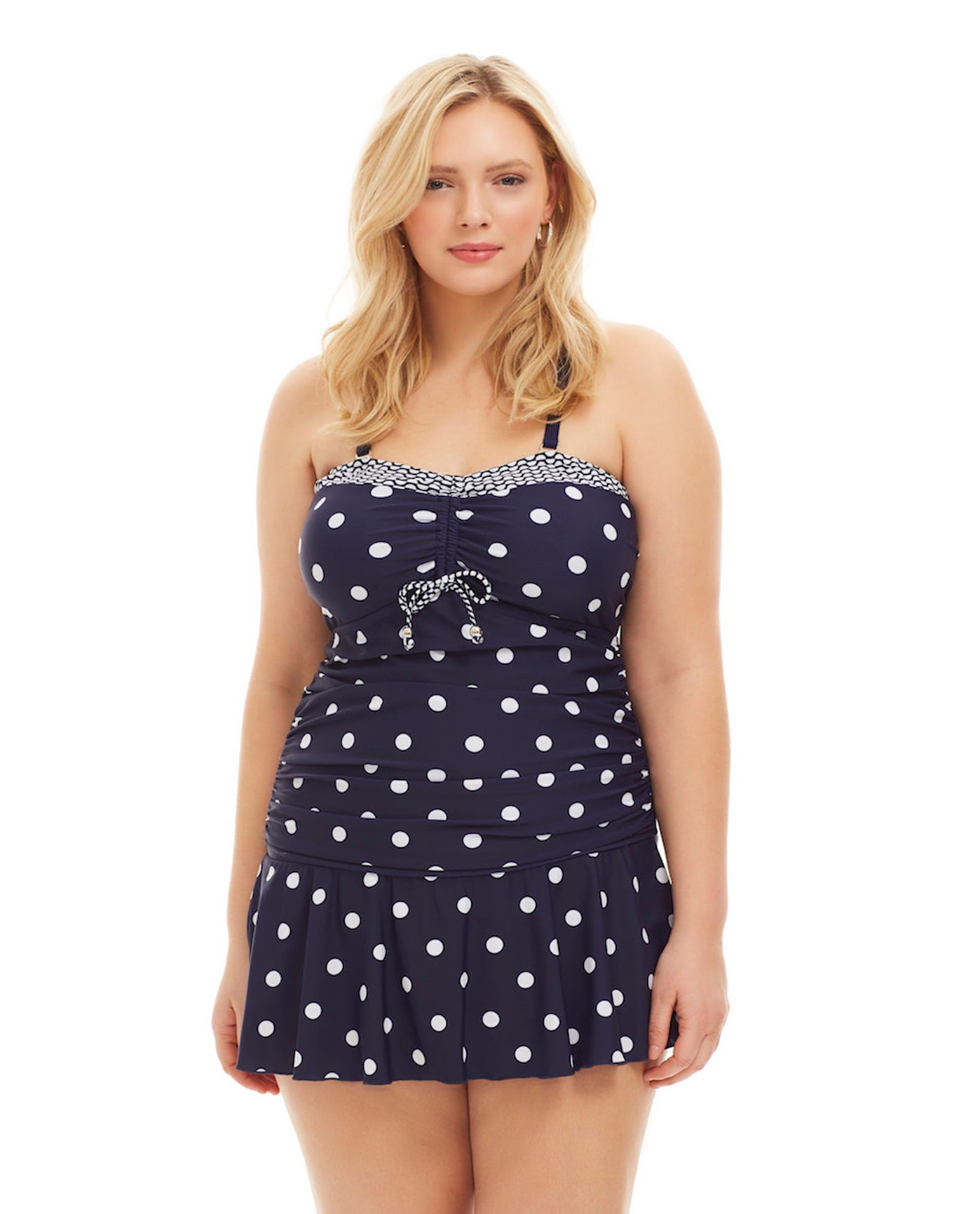 Front View Of Always For Me Navy and White Dots Plus Size Daphne Bandeau Strapless Tie Front Shirred Swimdress | AFM NAVY WHITE