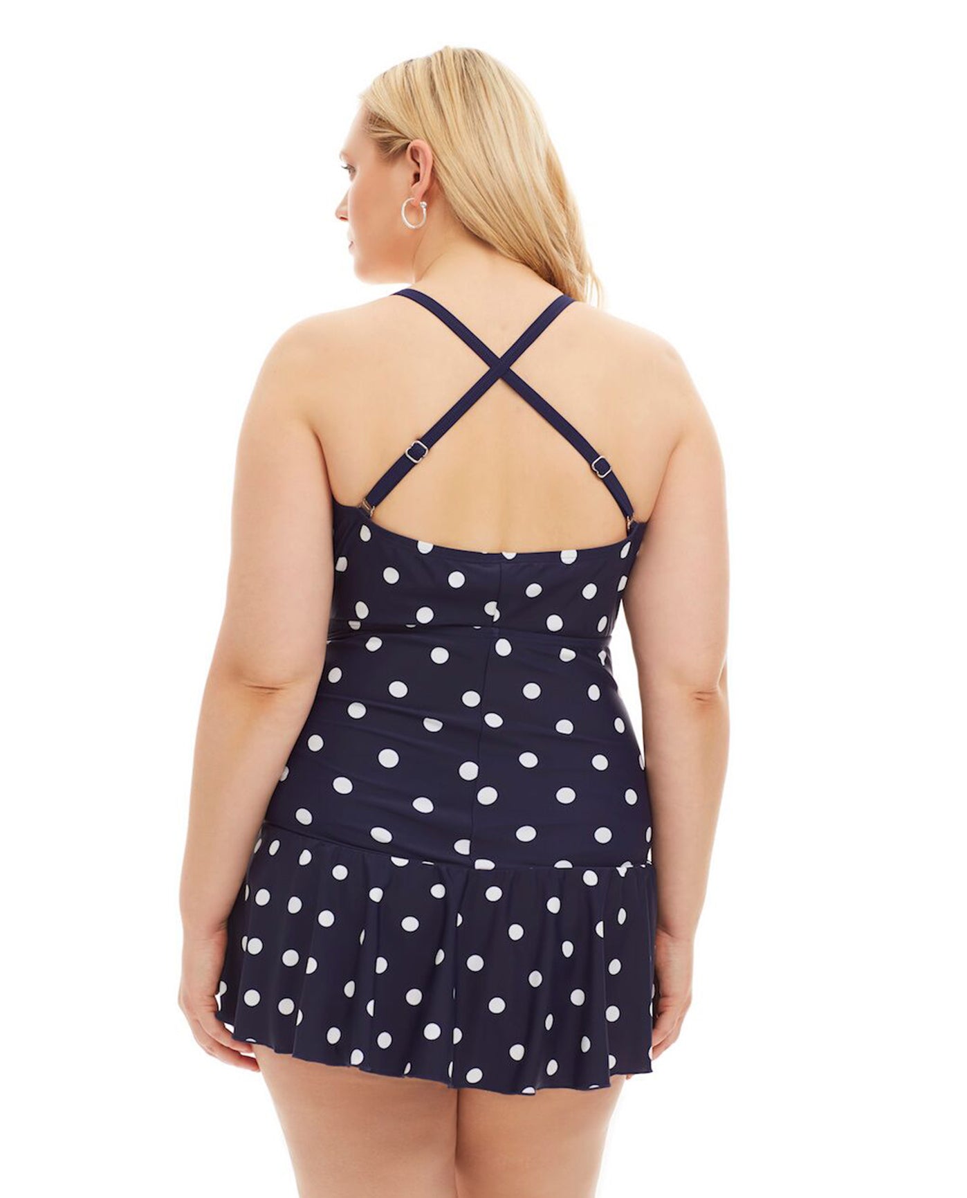 Side View Of Always For Me Navy and White Dots Plus Size Daphne Bandeau Strapless Tie Front Shirred Swimdress | AFM NAVY WHITE