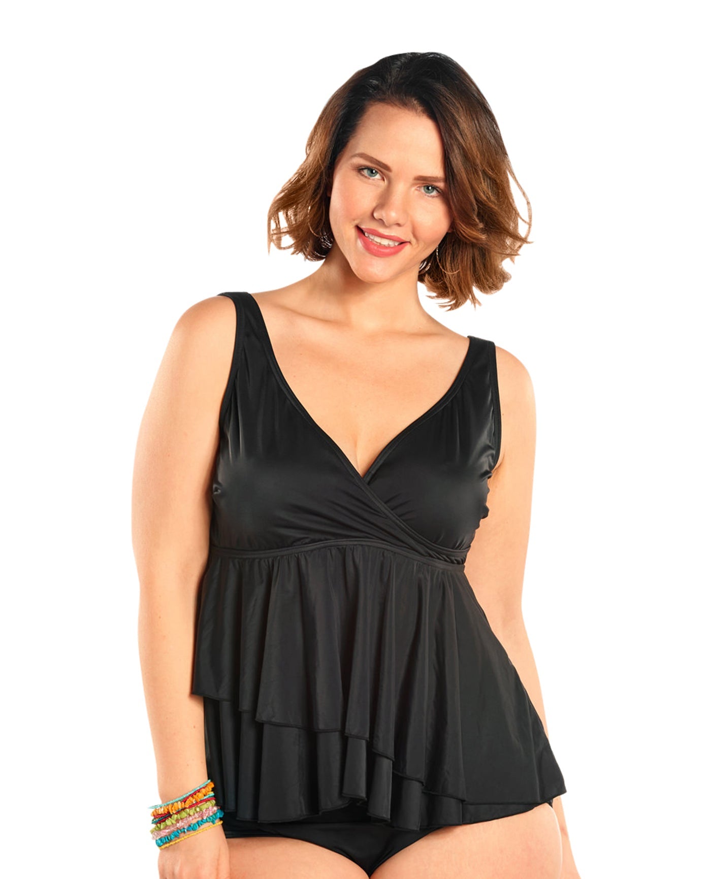 Front View Of Always For Me Black Plus Size Opulent Wrap Tankini Top with Matching Tankini Bottom | AFM BLACK