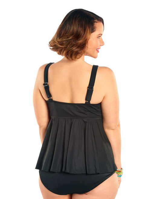 Back View Of Always For Me Black Plus Size Opulent Wrap Tankini Top with Matching Tankini Bottom | AFM BLACK