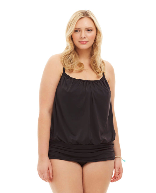 Front View Of Always For Me by Fit 4U Black Plus Size Luxury Racerback Tankini Top with Matching Tankini Bottom | AFM BLACK