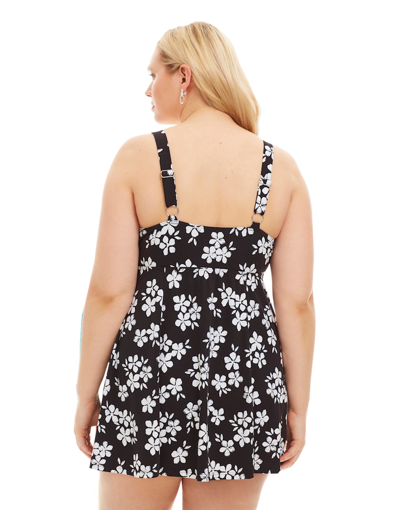 Back View Of Always For Me by Fit 4U Black and White Moonflower Plus Size Swimdress | AFM BLACK WHITE
