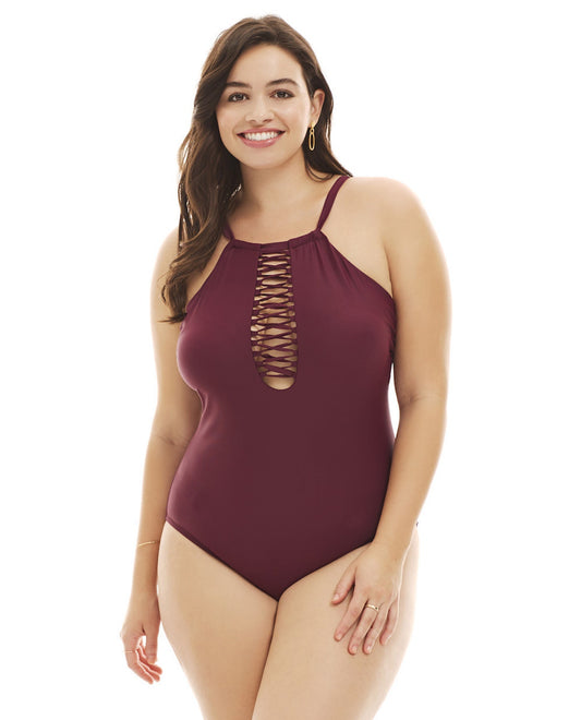 Front View Of Raisins Curve Maroon Barbados Plus Size Lace High Neck One Piece Swimsuit | RCU MAROON